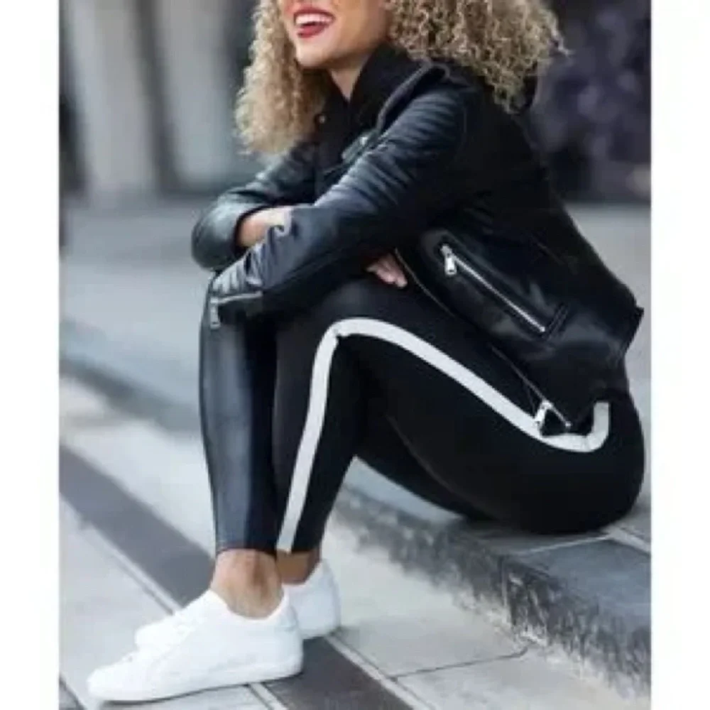Spanx Women's 20187R-Faux Leather Stripe Legging‎ in Black.